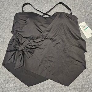Becca ETC Women Tankini Swim Top Faux Wrap Bow Handkerchief Hem Black 2X 20-22